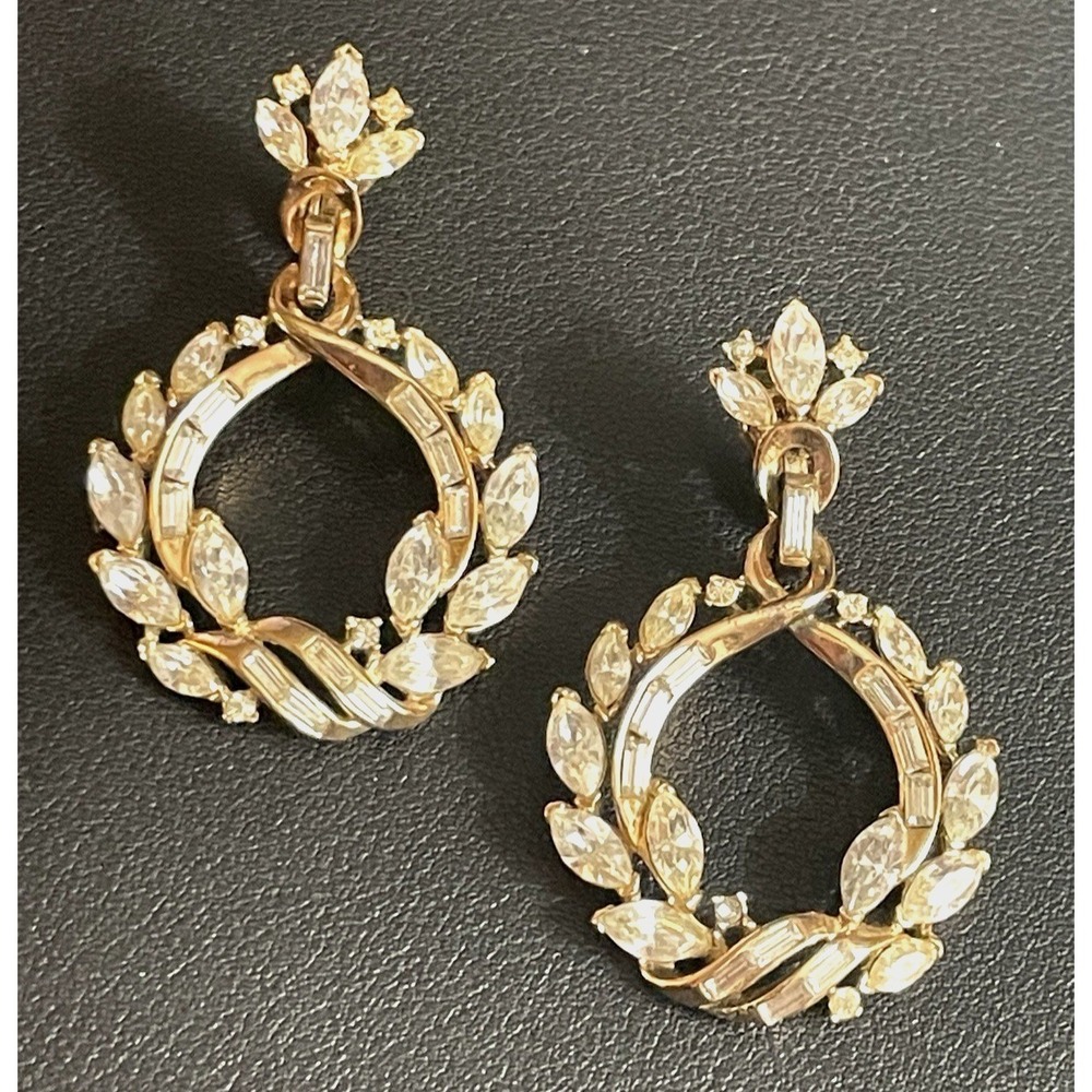 CROWN TRIFARI Rhinestone Earrings Clip Ons Dangle Gold Tone Wedding Jewelry